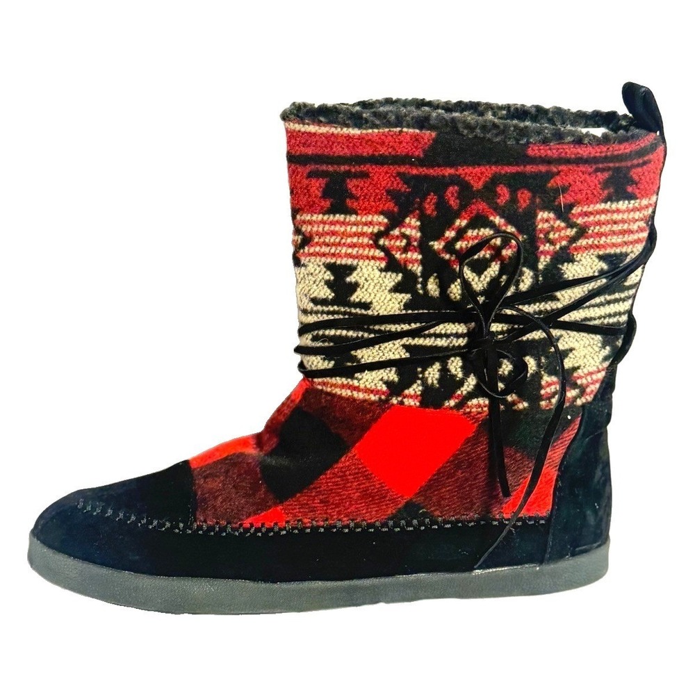 Steve Madden Girl Aztec Suede Moc Boots Womens size 8.5 Buffalo Check Southwest